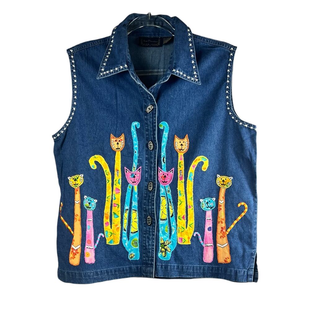 Vintage Y2K Embroidered Cat Denim Vest Folk Art Cottagecore Top Size L - Picture 7 of 7